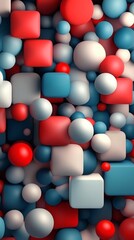 Fototapete - Abstract 3D background featuring floating spheres cubes with smooth surfaces arranged in a pattern of interconnected layers Soft shadows and vivid colors make for an eyecatching wallpaper