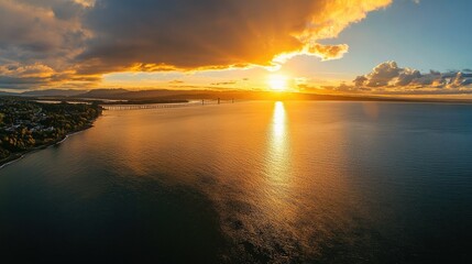 Poster - A panoramic aerial view of a long bridge spanning across the ocean at sunset, with golden skies and calm waters enhancing the beauty of the moment