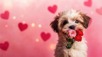 Aufkleber - A playful dog holding a flower bouquet in its mouth, set against a romantic pink background with hearts and festive Valentine Day text, spreading love