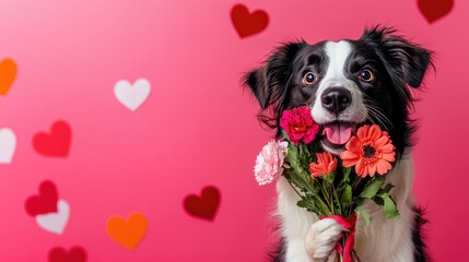 Aufkleber - A playful dog holding a flower bouquet in its mouth, set against a romantic pink background with hearts and festive Valentine Day text, spreading love