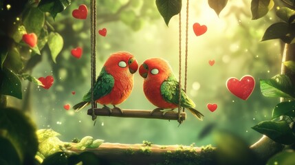 Poster - A playful Valentine's Day scene featuring two vibrant birds on a swing, surrounded by floating hearts and lush green leaves, exuding love and cheer