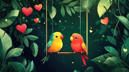 Poster - A playful Valentine's Day scene featuring two vibrant birds on a swing, surrounded by floating hearts and lush green leaves, exuding love and cheer