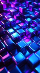 Fototapete - Abstract 3D render featuring grid of blue and purple cubes shifting in space The geometric design creates a hypnotic visual pattern with neon highlights and deep shadows for added depth