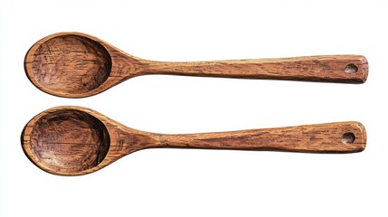 a vintage wooden spoon set, rustic kitchen tool, hand-carved , brown, isolated on white background