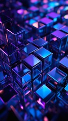 Poster - Abstract 3D render featuring grid of blue and purple cubes shifting in space The geometric design creates a hypnotic visual pattern with neon highlights and deep shadows for added depth