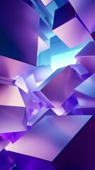 Fototapete - Abstract 3D render of purple blue geometric shapes stacked in layers with sharp edges The composition features floating cubes and triangles illuminated by soft light creating a futuristic design
