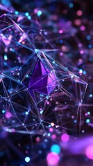 Fototapete - Abstract 3D render a web of purple and blue geometric forms suspended in space The shapes are interconnected by glowing lines creating a futuristic design full of movement and energy