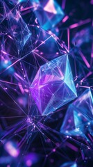 Fototapete - Abstract 3D render a web of purple and blue geometric forms suspended in space The shapes are interconnected by glowing lines creating a futuristic design full of movement and energy