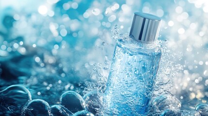 Aufkleber - A skincare bottle submerged in water with delicate bubbles surrounding it, evoking purity and freshness with a peaceful blue background