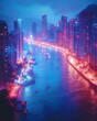 © barber - Neon-lit cityscape at night, river, boats.