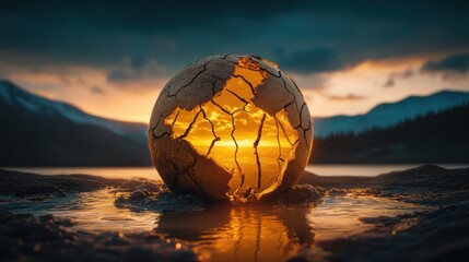 Poster - Cracked Earth Sphere Surrounded by Water at Sunset with Dramatic Mountains in Background