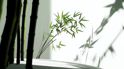 Poster - Peaceful bamboo grove scene with soft light highlighting a single bamboo plant, casting soft shadows on a light background. The image evokes a serene and tranquil atmosphere