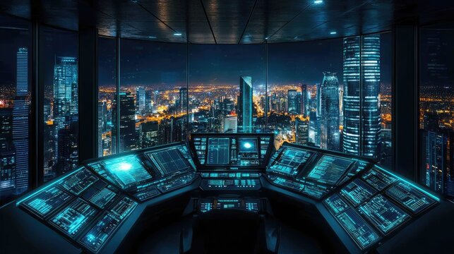 A sleek, futuristic control room with glowing panels, overlooking a sprawling cityscape at night, showcasing a high-tech environment with advanced technology