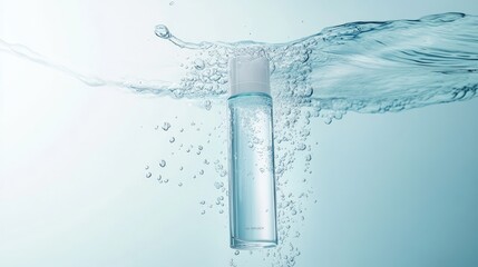 Aufkleber - A sleek skincare bottle submerged in clear water with bubbles rising, set against a soft blue background, evoking freshness and purity