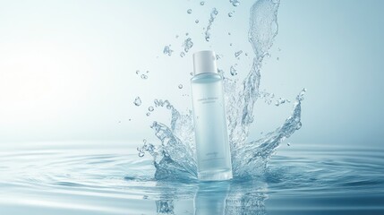 Aufkleber - A sleek skincare bottle submerged in clear water with bubbles rising, set against a soft blue background, evoking freshness and purity