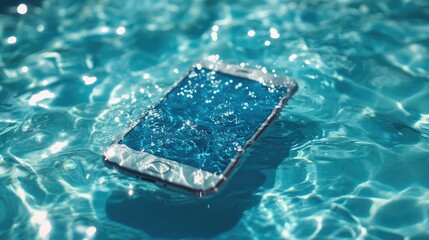 Poster - A smartphone floating in a pool of water, surrounded by bubbles, with soft ripples and a vibrant blue background, evoking a refreshing atmosphere