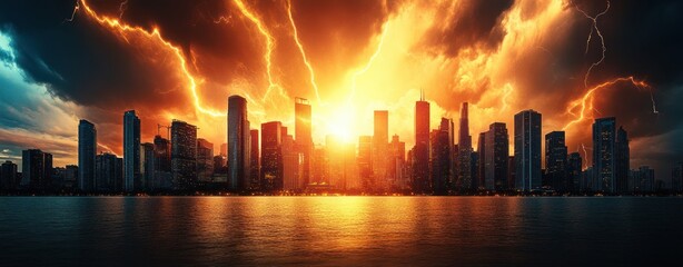 Fototapete - Dramatic City Skyline with Lightning and Fiery Sunset Over Water Reflection in Urban Environment