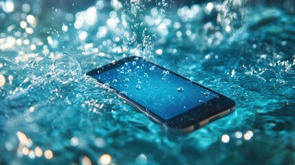Poster - A smartphone gently floating on water with bubbles, creating a futuristic and refreshing scene with vibrant blue water and light reflections