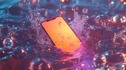 Poster - A smartphone in the center of a pool of water, with bubbles surrounding it, offering a unique and refreshing tech-focused image with a serene backdrop