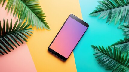 Aufkleber - A smartphone mockup with a vibrant multicolor background, showcasing the device in a trendy and artistic setting, highlighting its modern features