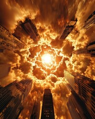 Poster - Dramatic Urban Skyline with Fiery Sunset and Towering Skyscrapers Surrounded by Dark, Swirling Clouds