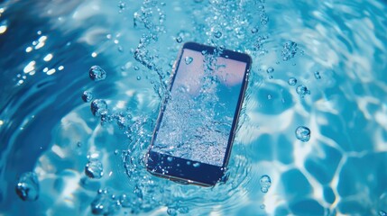 Poster - A smartphone in the center of a pool of water, with bubbles surrounding it, offering a unique and refreshing tech-focused image with a serene backdrop