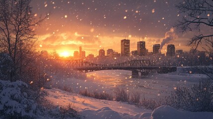 Aufkleber - A snowy sunset blankets a city skyline, with a bridge in the foreground, creating a peaceful winter scene bathed in warm, golden light