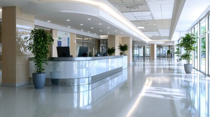 Poster - A large, open lobby with a reception desk and a few potted plants