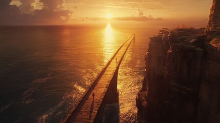 Poster - A stunning aerial shot of a long bridge at sunset, the golden light reflecting off the ocean, capturing the beauty of architecture and nature combined