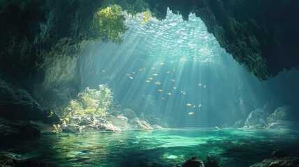 Poster - A stunning underwater cave lit by natural sunlight, with fish gliding through the clear waters, creating a serene and mesmerizing aquatic scene