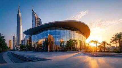Aufkleber - A stunning view of the sun rising behind a modern city building, casting warm golden light across the skyline with a clear blue sky