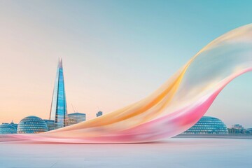 Poster - Modern cityscape art displaying colorful flowing fabric london digital artwork urban aerial contemporary design