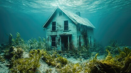 Poster - A submerged house surrounded by seaweed and oceanic life, resting on the ocean floor in a captivating, eerie underwater scene