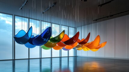 Poster - A series of colorful chairs suspended from the ceiling in a large room