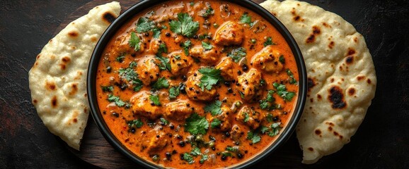 Poster - Chicken Curry With Naan Bread On Dark Background