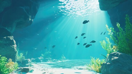 Aufkleber - A tranquil underwater cave bathed in sunlight, with schools of fish swimming peacefully around, showcasing the beauty of marine life and underwater landscapes