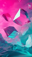 Fototapete - Abstract 3D background wallpaper with geometric shapes floating in a vast space Bold colors like magenta and cyan merge to create a surreal composition with depth and texture