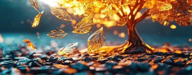 Aufkleber - Stunning Golden Tree with Leaves Creating a Mesmerizing Glow in a Dreamy Landscape