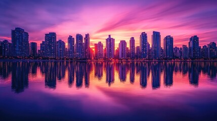 Poster - A vibrant sunset over a city skyline is mirrored perfectly in the calm waters below, creating a serene and breathtaking view of urban beauty at dusk