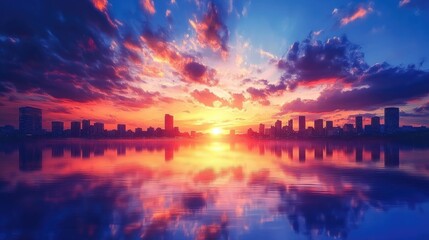 Poster - A vibrant sunset over a city skyline is mirrored perfectly in the calm waters below, creating a serene and breathtaking view of urban beauty at dusk