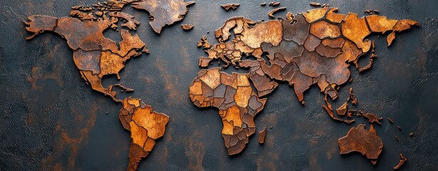 Poster - Vintage World Map Design Made of Rustic Metal Plates with Unique Texture and Dynamic Earth Tones