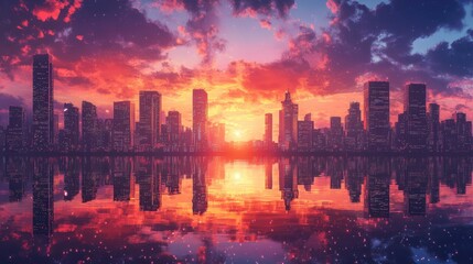 Poster - A vibrant sunset over a city skyline is mirrored perfectly in the calm waters below, creating a serene and breathtaking view of urban beauty at dusk