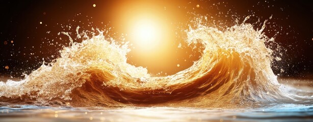 Aufkleber - Dramatic Ocean Wave Captured in Golden Light at Sunset with Splashes and Glittering Water Droplets