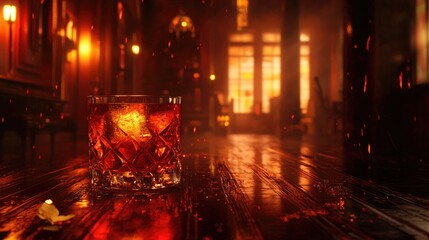 Poster - An amber drink resting on a dark wood surface, surrounded by a warm, red-lit room that creates an intimate, dramatic atmosphere