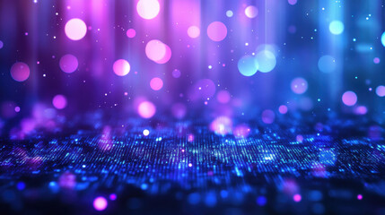 Dark blue background with glowing purple and cyan lights, data flow and digital information technology concept