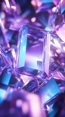 Fototapete - Abstract 3D render of floating purple and blue geometric prisms reflecting glowing light The shapes are arranged in a complex pattern with intricate details adding depth and texture