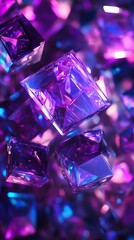 Fototapete - Abstract 3D render of floating purple and blue geometric prisms reflecting glowing light The shapes are arranged in a complex pattern with intricate details adding depth and texture