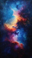 Fototapete - Abstract artwork featuring ten unique shades of dust smoke particles drifting through space forming a colorful nebula The particles create a stunning contrast against a deep blue expanse
