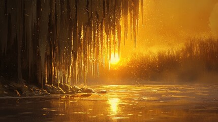 Poster - Golden sunlight casts a warm glow over icicles hanging from the edge of a frozen lake, creating a breathtaking winter scene at sunset