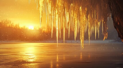 Poster - Golden sunlight casts a warm glow over icicles hanging from the edge of a frozen lake, creating a breathtaking winter scene at sunset
